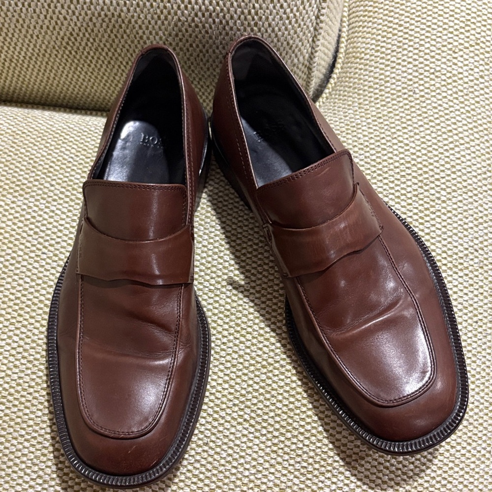 Hugo Boss Men 9 1/2 Loafers Slip On Dress Brown Leather Italy Made